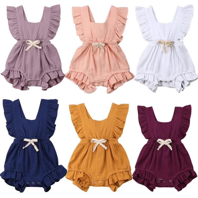 

free delivery Newborn Baby Girls Ruffle Solid Color Romper Backcross Jumpsuit Outfits Sunsuit Baby Clothing