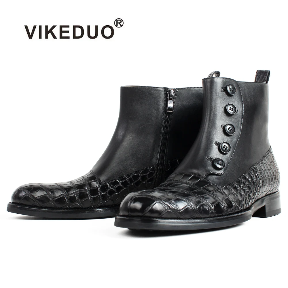 

VIKEDUO 2019 Autumn New Ankle Calf Leather Boots Men Black Round Toe Black Shoes Handmade Office Motorcycle Boots Bespoke Botas