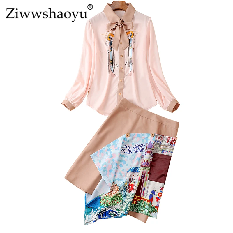 

Ziwwshaoyu Print Sets Turn-down Collar diamonds skirt + irregular skirt Two-piece set Spring and summer new women's