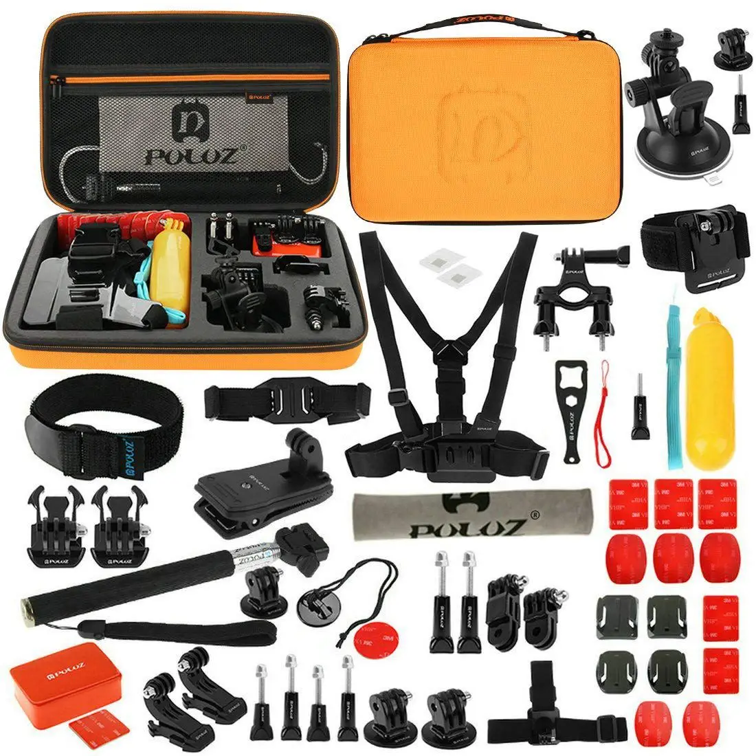 

PULUZ 53 in 1 Accessories Kit(Chest Strap+Pivot Arms+J-Hook Buckle+Wrist Strap+Helmet Strap+Monopod+Surface Mounts+Tripod Adap