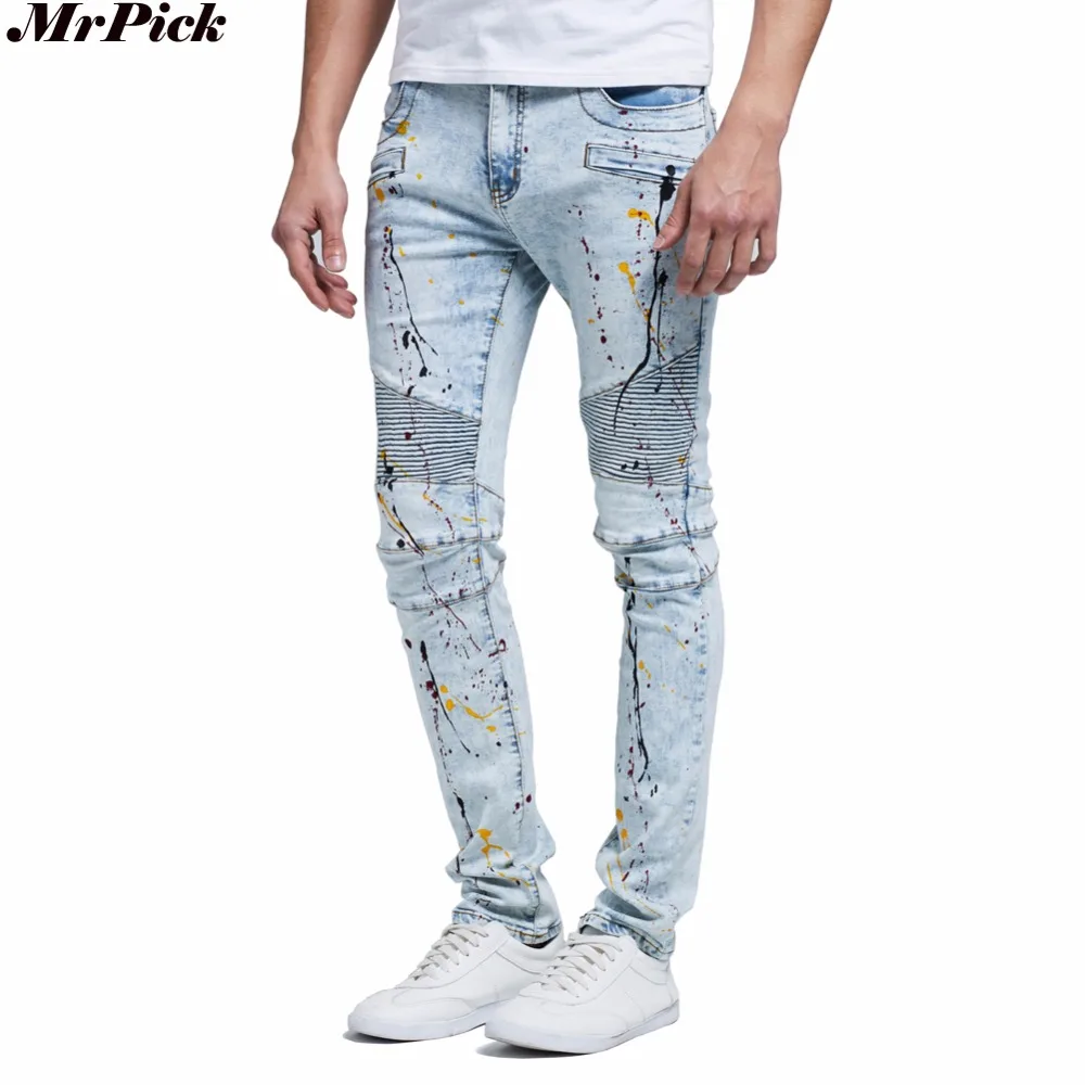 2016 Lelaki Jeans Design Fesyen Biker Runway Hiphop Jeans Slim Untuk Lelaki Kapas Jeans Motosikal Kualiti yang Baik Blue Black Y2051