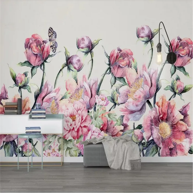 

Custom wallpaper Nordic modern small fresh rose butterfly TV background wall paper decorative waterproof material
