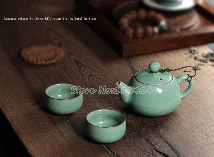 WIZAMONY набор из 3 предметов, высококачественный китайский чайный сервиз Longquan Celadon Di Kiln ручной работы, Подарочная посылка, фарфоровый чайный сервиз для кунг-фу