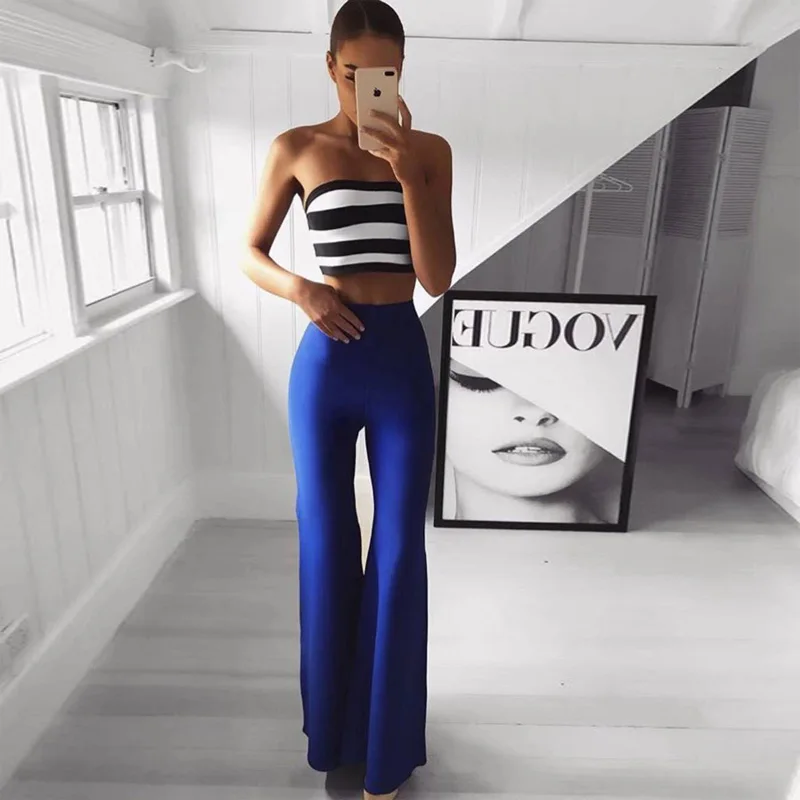 

Fashion Blue Striped Short Top Two 2 Pieces Set Bandage Jumpsuit High Quality Women Summer Boot Cut Beach Party Jumpsuits 2018