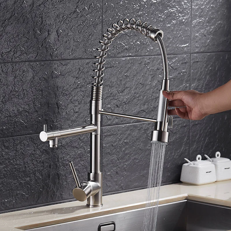 NEW Pull Down Out Kitchen Faucet Two Swivel Spouts Extensible Spring Mixer Tap Brushed Nickel and