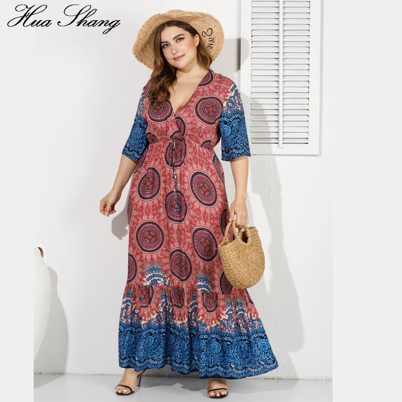 

Grometric Dot Print Retro Vintage Bohemian Dress Plus Size Women Summer V Neck Short Sleeve Maxi Long Dress Tunic Beach Dresses