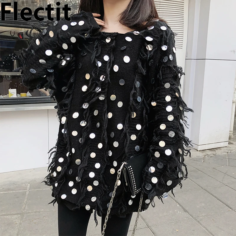 Flectit Women Metallic Sequin Fringe Sweater Black White Sequined Pullover Oversized Long Jumper Autumn Winter Tops