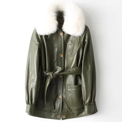 

2019 New Fashion Fox Fur Collar Genuine Sheep Leather Jacket H2