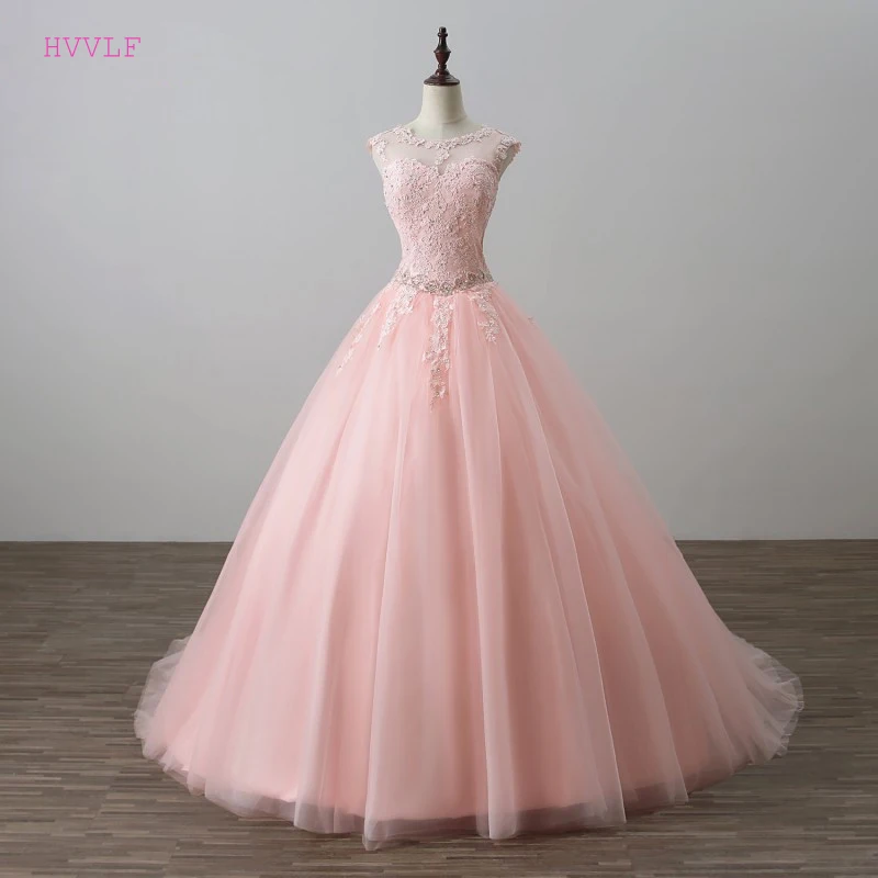 

Pink Puffy 2019 Cheap Quinceanera Dresses Ball Gown Cap Sleves Tulle Applique Lace Beaded Sweet 16 Dresses
