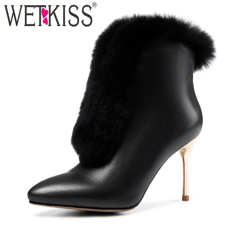 

WETKISS Sexy Thin High Heels Ankle Boots High Quality Fur Natural Leather Winter Boots Charming Ladies Shoes Woman Zip 2018 New