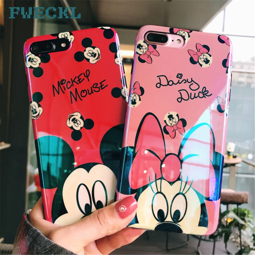 

Pink Fashion Couple Cartoon character Minnie Mickey Mouse Phone Case For iPhone 7 8 Plus 6 6S Plus X XS Blue light plating Cover