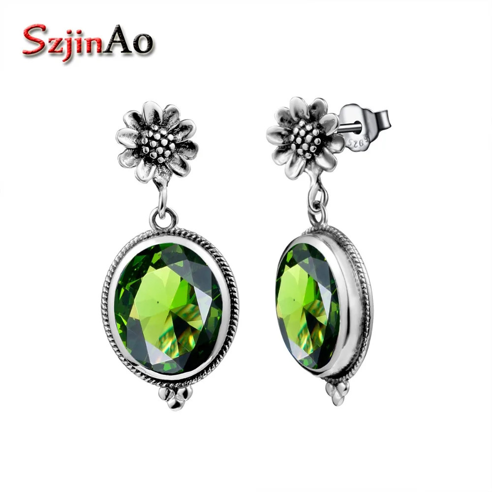 

Szjinao 925 Sterling Silver Sunflower Green Peridot Dangle Earrings for Women Romantic Ethnic Fine Jewelry Wedding Earrings Gift