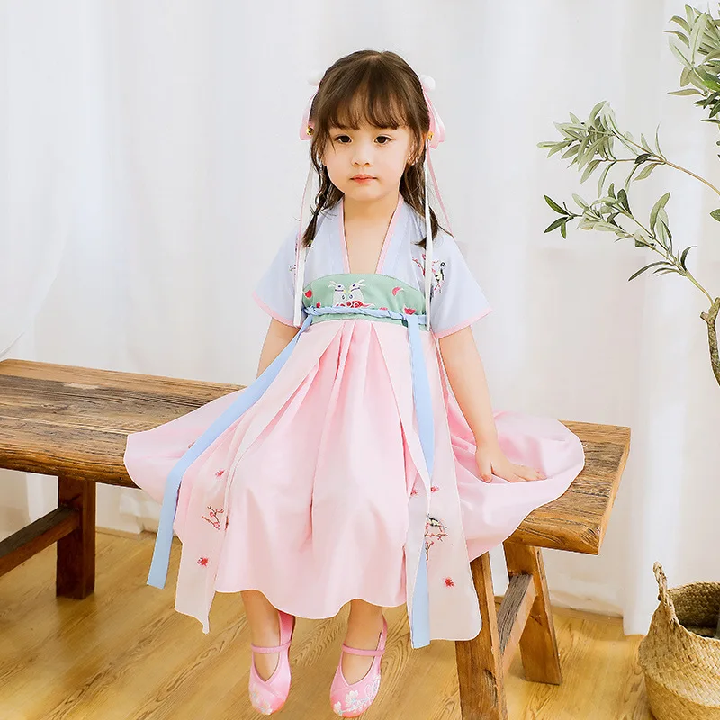 Hanfu костюм, китайский, традиционный Летняя Одежда для девочек в китайском стиле Стиль детей народного танца Костюм Древняя китайская детская одежда DQL1011