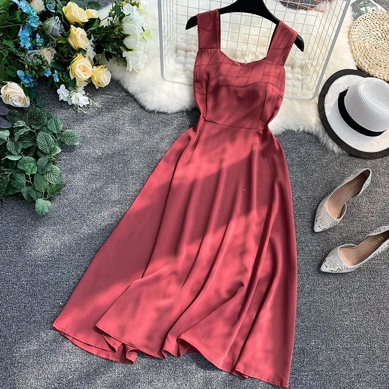 

Chiffon Pure Colour New V-collar Sleeveless High Waist Slim Casual Dresses 2019 Women Elegant Vestidos G330
