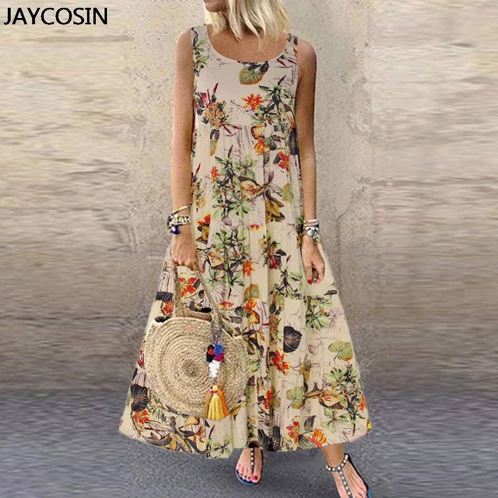 

JAYCOSIN Dress Vintage Sleeveless dress Women Floral Print Bohe Long Maxi Dress Evening Party Dress Vestidos de festa Plus Size