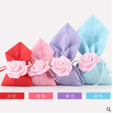 

4 Colors Imitation hemp fabric,Non-woven candy bag with foam flower for chocolates wedding party return gifts