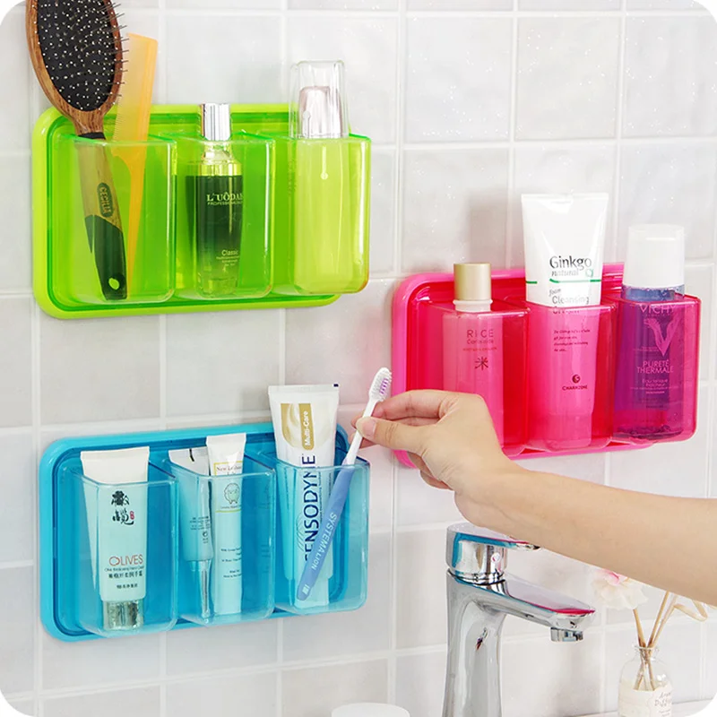 

New 3 grids Self-adhesive wall shelf kitchen bathroom plastic box storage rack organizer debris toothbrush holder