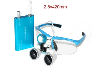 

Dental equipment Surgical Medical dental Loupes dental glasses 2.5X 420mm +LED Head Light Lamp dental lab BLUE AA+