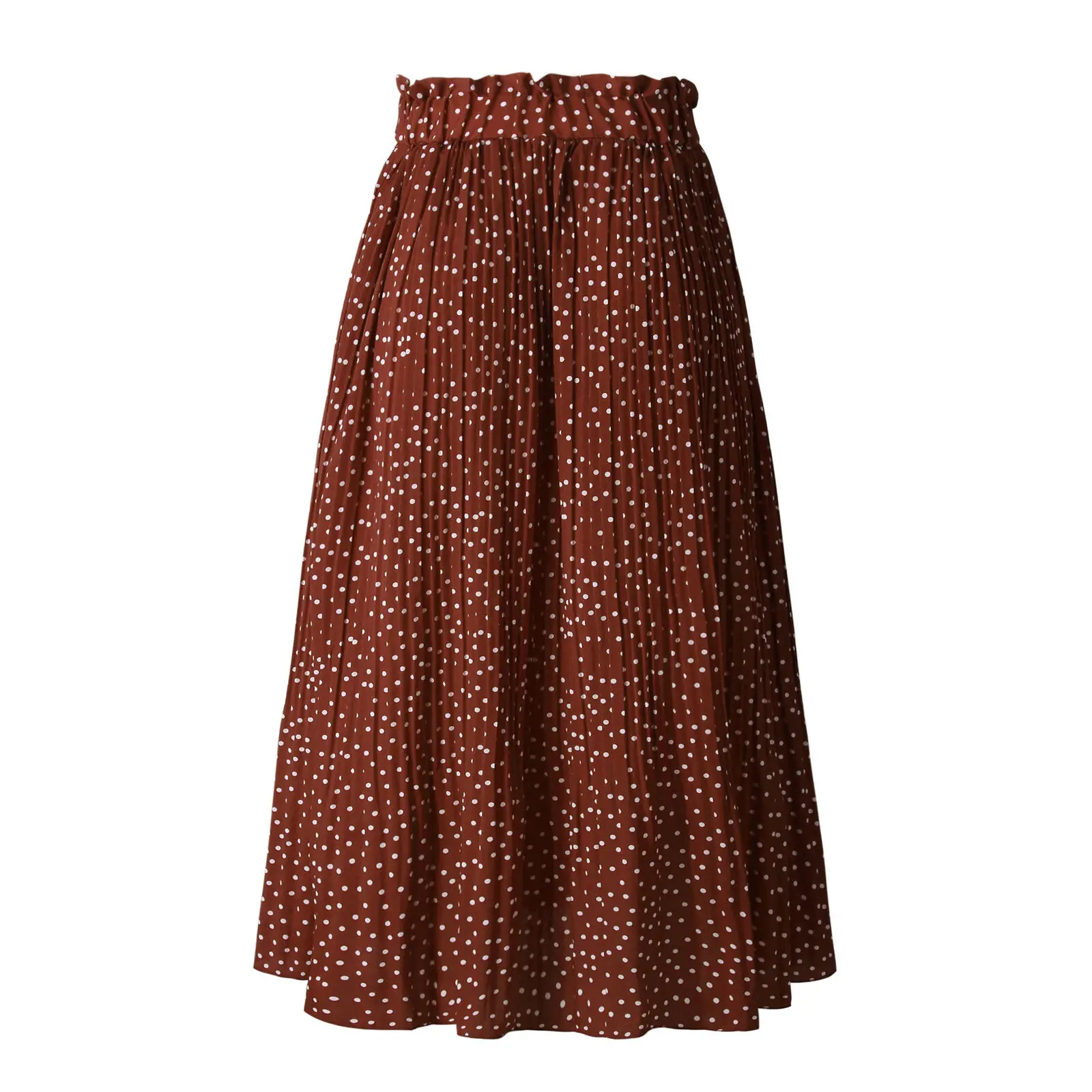 Новейшая длинная юбка из полиэстера Женская юбка миди с высокой талией эластичная ретро Цветочная Пышная юбка в горошек - Цвет: Коричневый