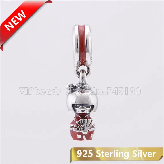 

925 Sterling Silver Japanese Doll Christmas beads With Red Enamel Charm Beads Fit European Style Bracelets & Necklaces CB426