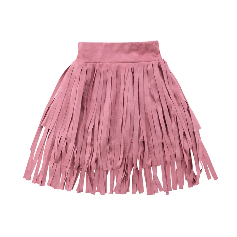 Длинная детская юбка макси с кисточками для девочек, летняя повседневная замшевая из искусственной кожи вечерние модные однотонные длинные детские юбки - Цвет: Розовый