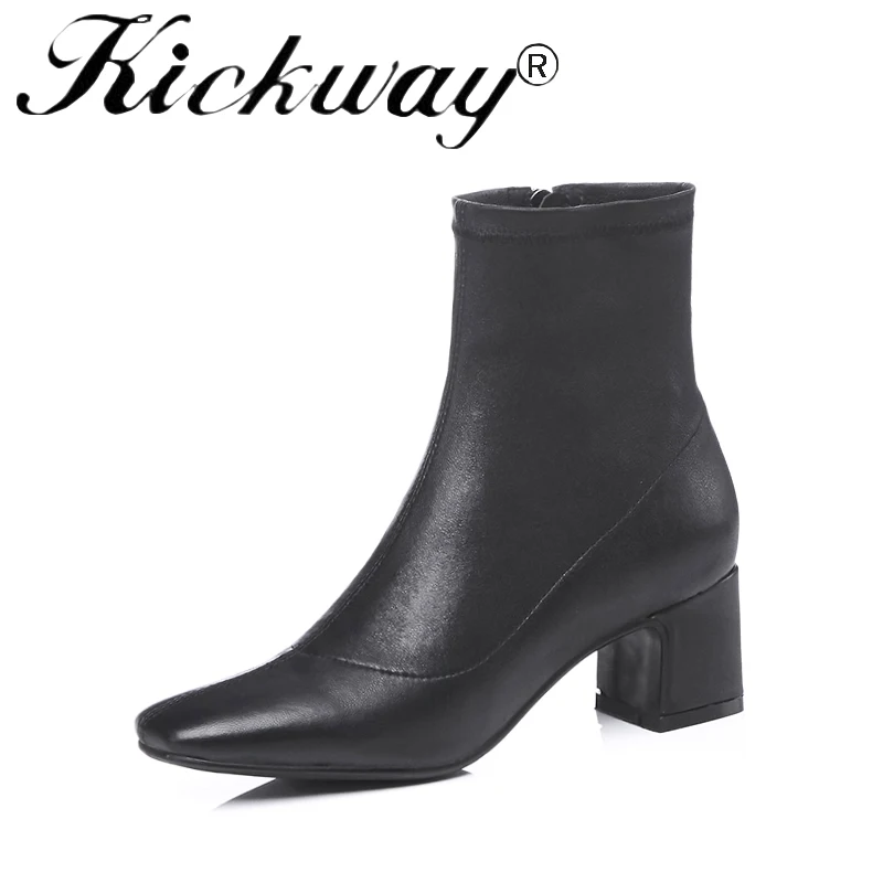 

Kickway Fashion Ankle Elastic Sock Boots Chunky High Heels Stretch Women Autumn Sexy Booties Square Toe Women Pumps Black 34-42