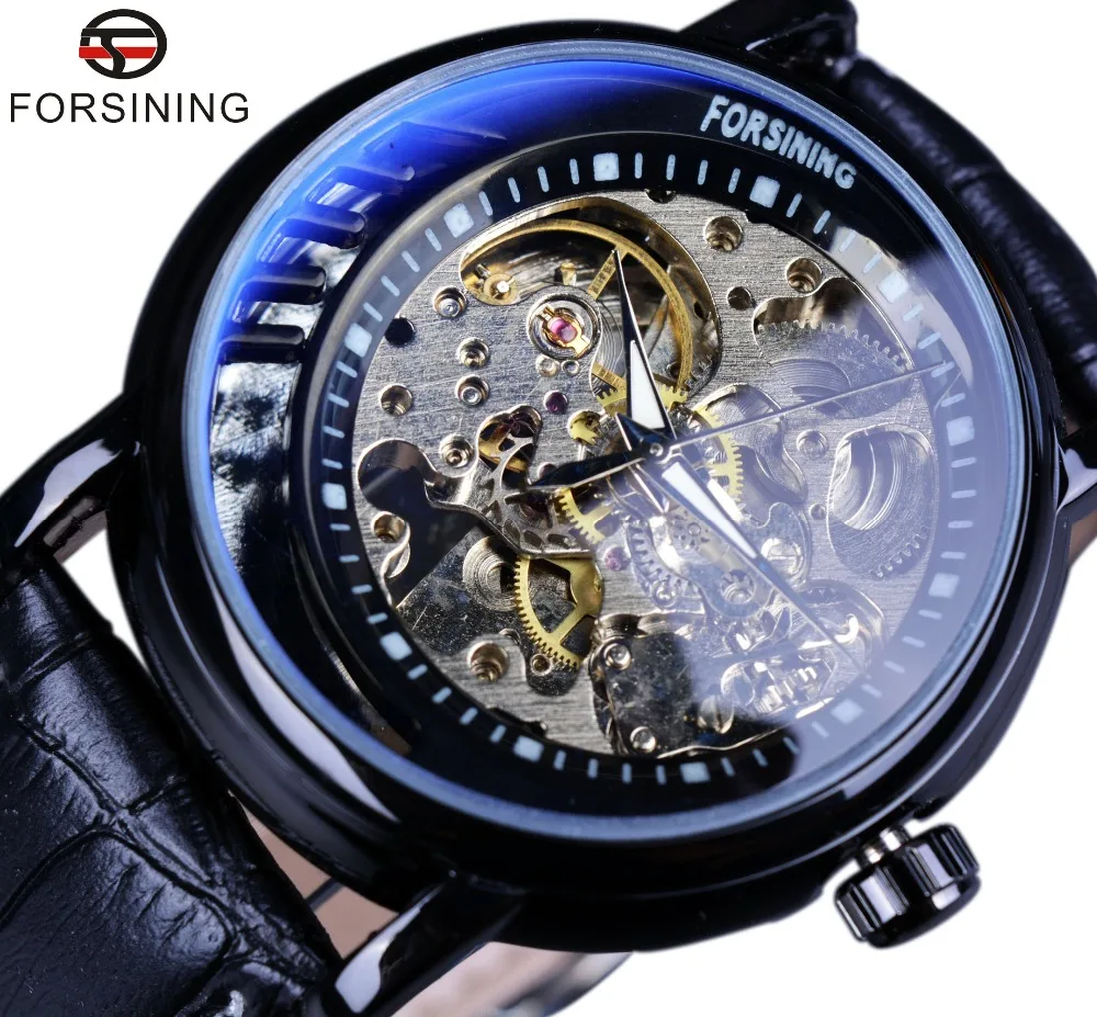

2016 Forsining Luxury Blue Glass Half Skeleton Design Genuine Leather Strap Men Watch Top Brand Luxury Black Case Skeleton Watch