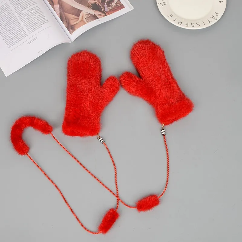 Mink Fur Orange Gloves Women Winter New Korean Version Of The Warm Cute Female Suede Weaving Fingers Fur Gloves - Цвет: red