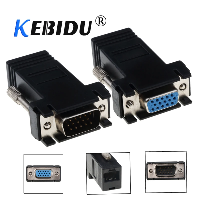 

kebidu A pair of VGA Extension Extender Cord Male or Female To Lan Cat5 Cat5e RJ45 Ethernet Adapter Wholesale for PC Laptop