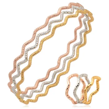 

Fashion Bracelet Ring Set For Women Beautiful 3 Colors Plated Gorgeous Geometric Waves Triple Bangle Big Size HR5233