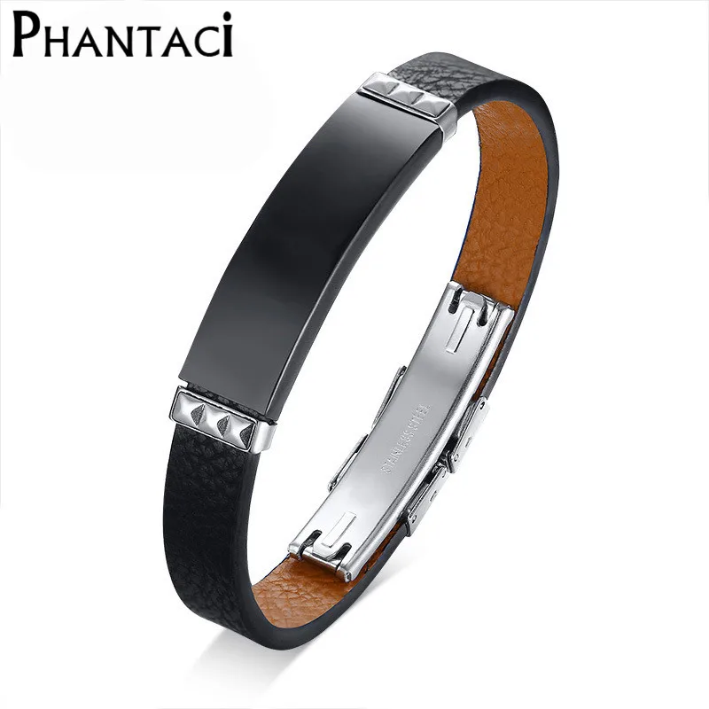 

No fade 316L Stainless Steel Bracelets&Bangles Men Genuine Leather Band Cuff Wrap Bracelet Male Black Jewelry Adjustable Size