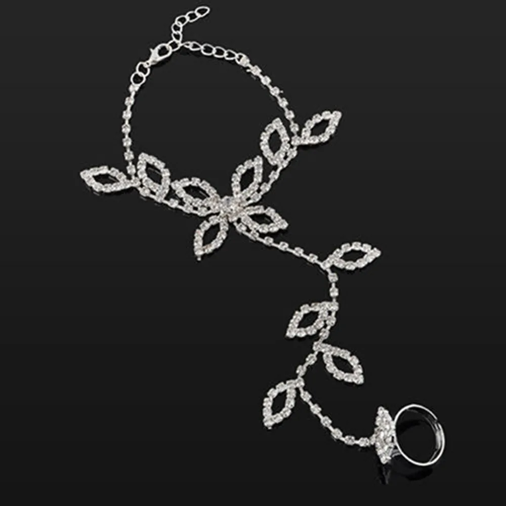 Шикарный Серебряный цвет винтажный блестящий браслет лист со стразами цветок ручной браслет-цепочка для женщин ювелирный подарок