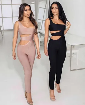 

new style fashion Bandage sexy women Hollow Out backless Strapless One-Shoulder jumpsuits celebrity body con party wholesale
