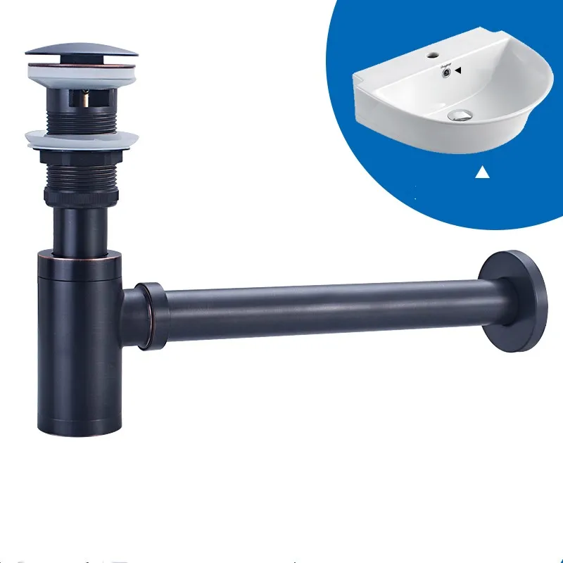 

Solid Brass black Bathroom Basin Sink Tap Bottle Trap Drain Kit Waste P-TRAP Pop Up Drain Wall drain with Overflow