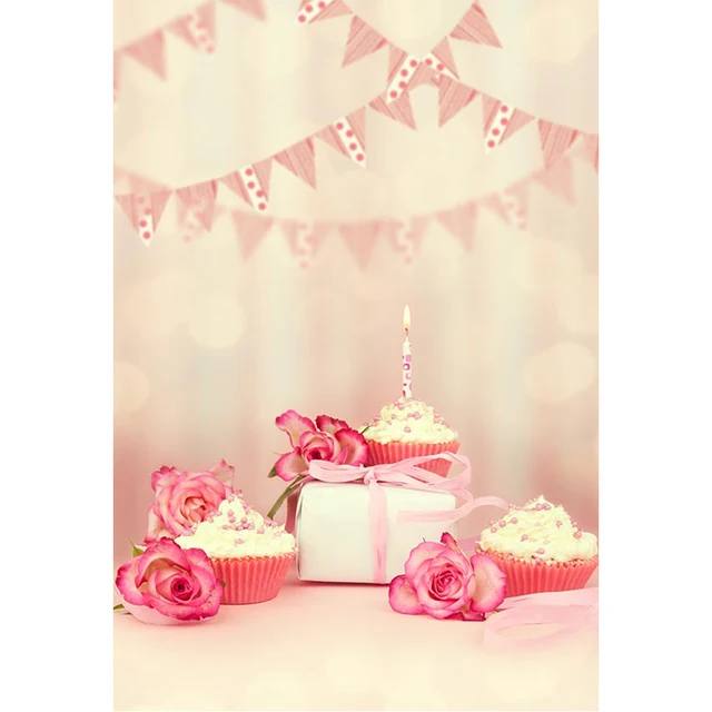 happy birthday photo background blurry printed flags pink flowers