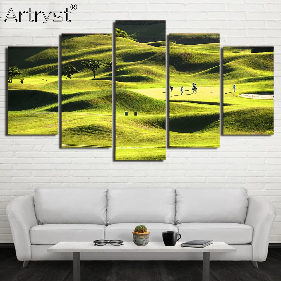 Artryst HD Drukowane 5 Sztuka Płótno Malarstwo Pole Golfowe zielone Wzgórza Plakat Zdjęcia Living Room Decor Darmo wysyłka