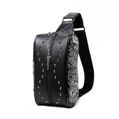 Модная нагрудная сумка в готическом стиле панк с заклепками, 3D Рисунок дракона, роскошные сумки для женщин, Дизайнерские Сумки из искусственной кожи, мужская сумка через плечо - Цвет: Серебристый