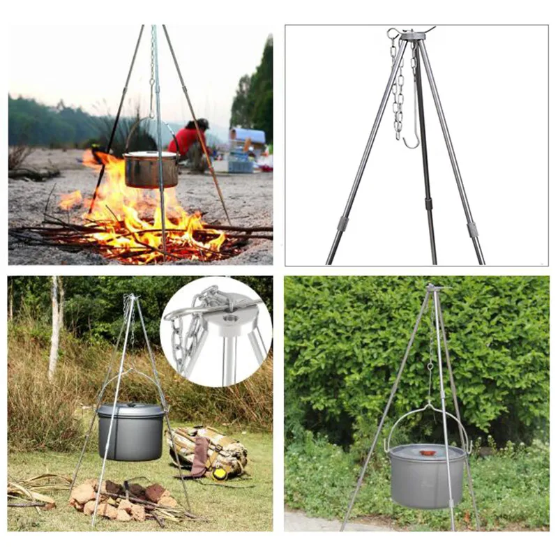 Camping Tripod Picnic Cooking Tripod Hanging Pot Portable Campfire Picnic Pot Cast Iron Fire