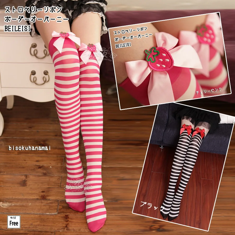 

4 Pair Girls Student School Socks Japanese Lolita COS Stockings Retro Strawberry Bow Thigh High Socks Women Long Knee Sock