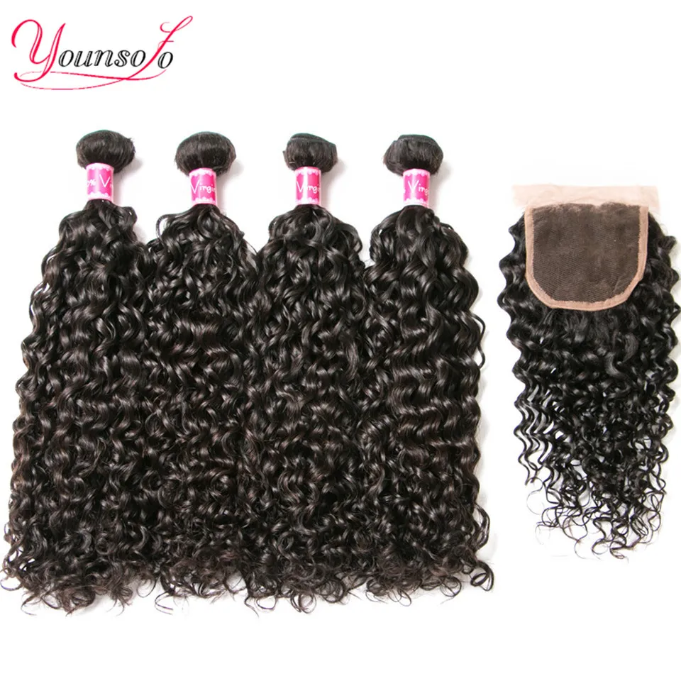 

Younsolo Brazilian Hair Weave Bundles With Closure 4 Bundle With Lace Closure Remy Human Hair Water Wave Bundles With Closure