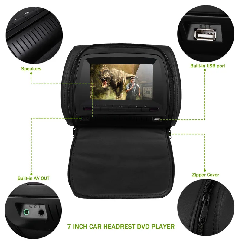 Монитор 7 дюймов Автомобильный экран с креплением на подголовник 800x480 защитным чехлом на молнии на тонкопленочных транзисторах на тонкоплёночных транзисторах ЖК-дисплей Экран DVD плеер с ИК/FM/USB/SD/Динамик/игры MP5 дисплею