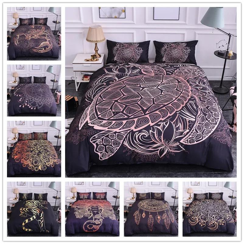 

Boniu Bohemia 3d Animal Turtles/Elephant/Leopard/Scorpion/Dreamcatcher Bedding Set 2/3pcs Gold Lotus Flowers Duvet Cover Set
