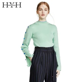 

HYH Haoyihui Preppy Style Solid Light Green Casual Tops Slim Button Spilt Pullovers O-neck Women Sweater