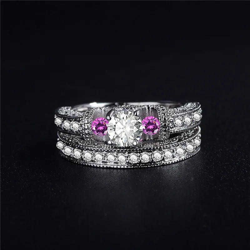 Trendy Exaggerated 585 White Gold Color Couple Rings For Women With 2 Pink Zircon Ring Sets Wedding Jewelry Anillos Mujer DM040