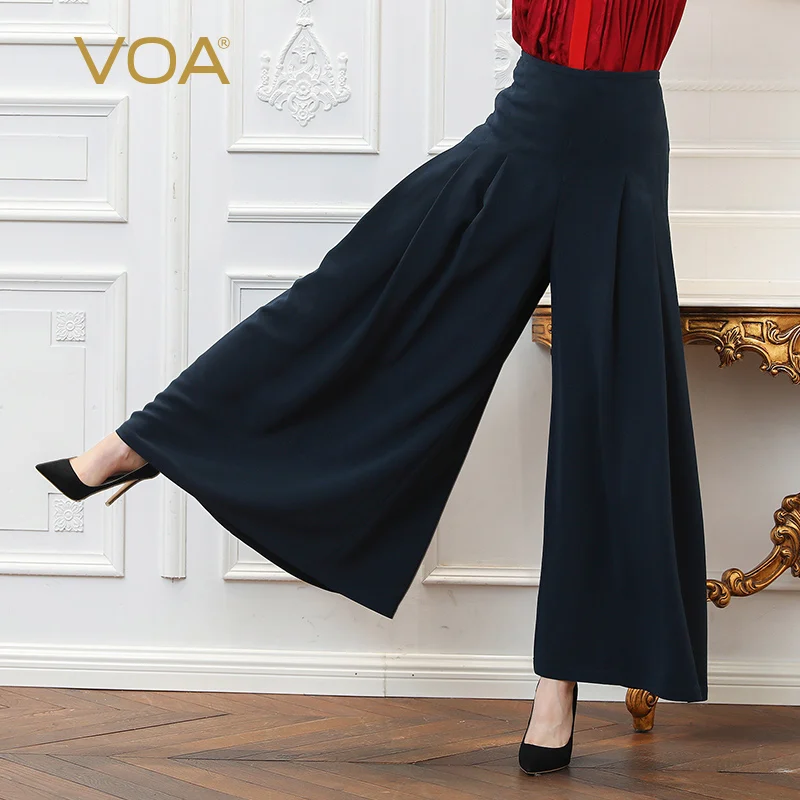 VOA-Heavy-Silk-Loose-Plus-Size-Pantskirt-Solid-Navy-Blue-Casual-Wide ...