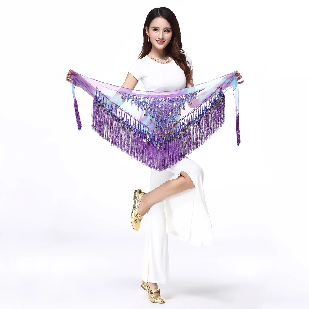 Новейший танец живота хип шарф Талия цепь блестки кисточкой индийский танцевальный костюм аксессуары латинский танец треуголный набедренный шарф - Цвет: Purple