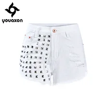 1995 Youaxon белые шорты с металлическими заклепками в стиле панк, женские рваные короткие джинсовые шорты средней высоты с высокой талией для женщин