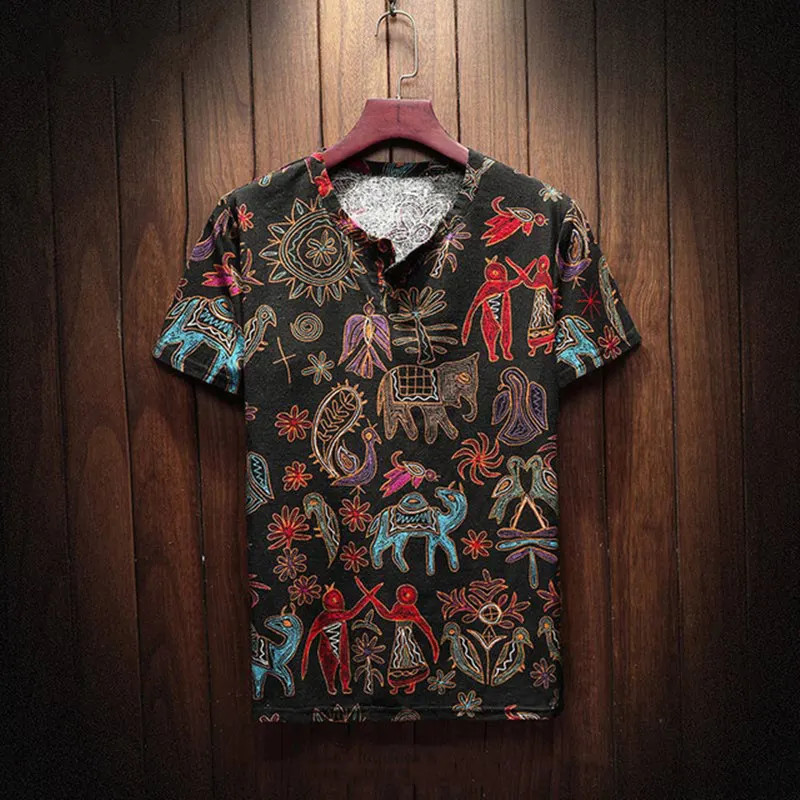 

Vintage Chinese Traditional Style Cotton Linen Floral Print Shirt For Men Short Sleeve V-Neck Shirts 2019 Summer Male Casual Top