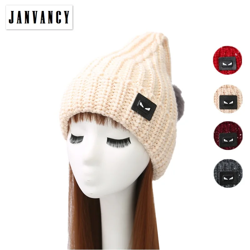 

Autumn and Winter Carton Devil Wool Knitted Beanies for Women Furry Pompon Wizard Warm Cone Hat Ski velvet soft Cap Pacifier
