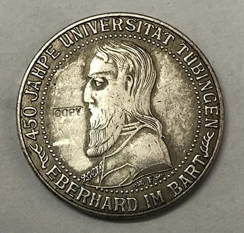 

1927-F Germany-1871-1948 5 Reichsmark Tubingen University Silver Plated Copy Coin